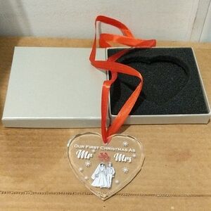 Heart-Shaped Mr. & Mrs. First Christmas🎄 Glass Christmas Ornament W/Red Ribbon